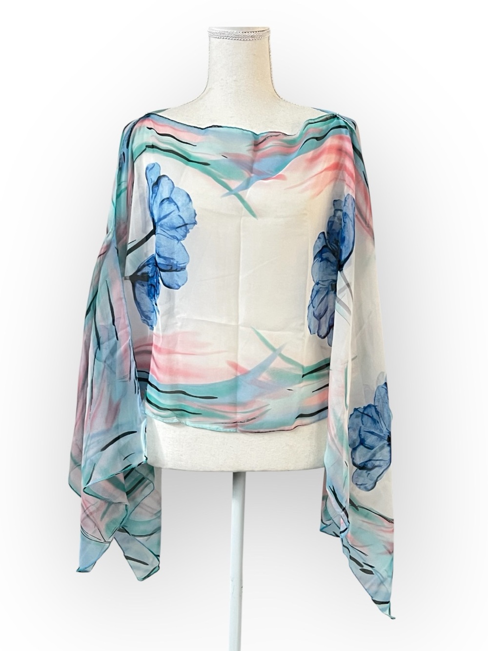 Blue and Pink Watercolor Chiffon Convertible Scarf Wrap Kimono OS